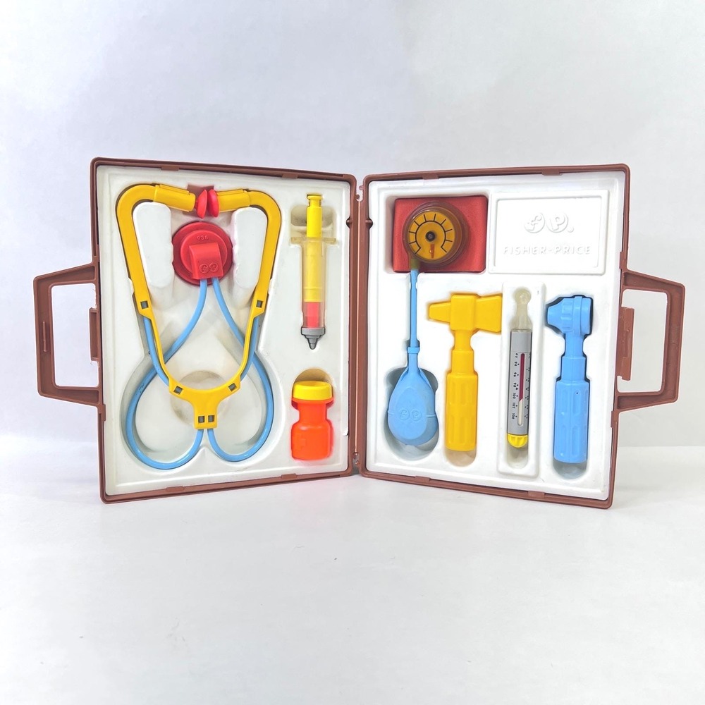 Vintage 1977 Fisher-Price Medical Kit 936 Brown Case Doctor Set Complete USA